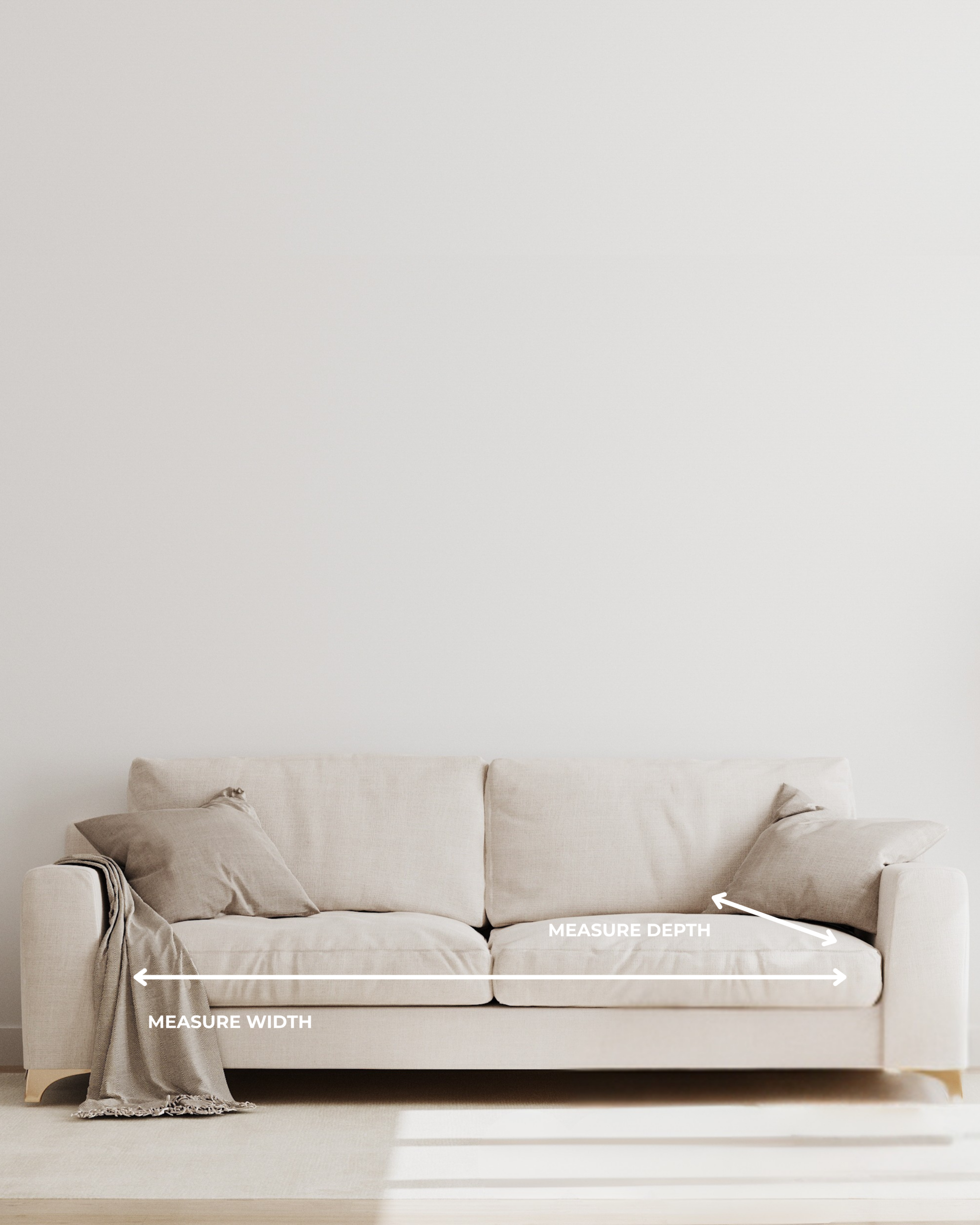 Couch cushion measuring guide showing width and depth